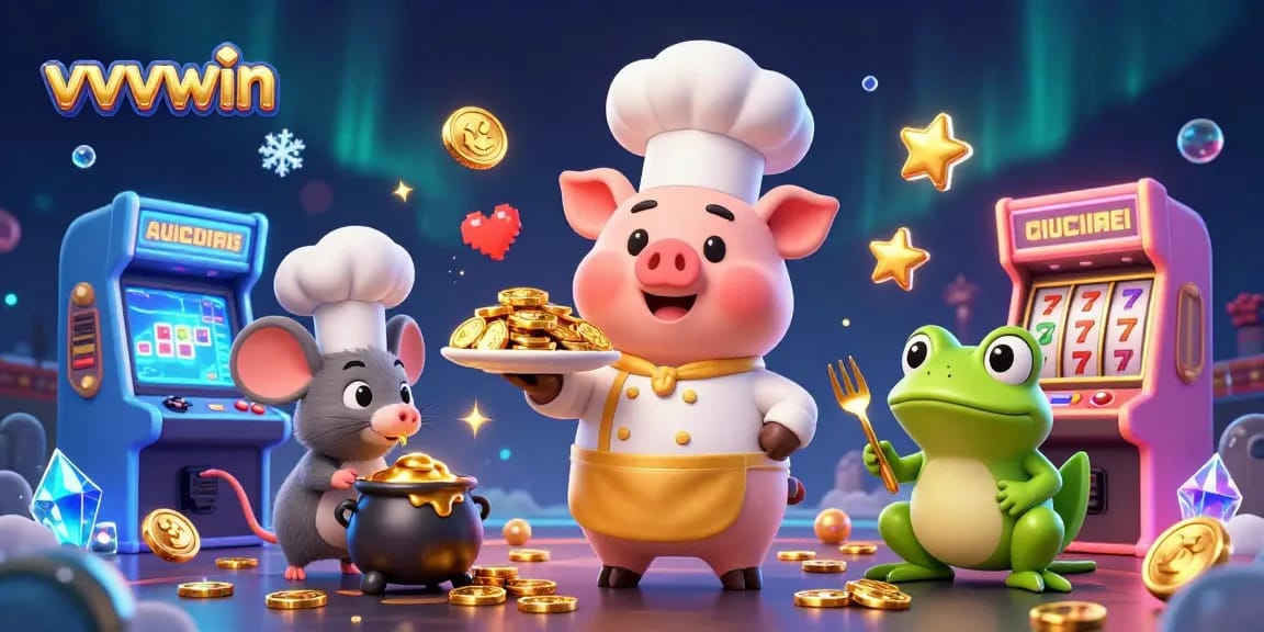 Experience vvvwin's exciting casino action with chefs serving golden coins and vibrant gaming elements.