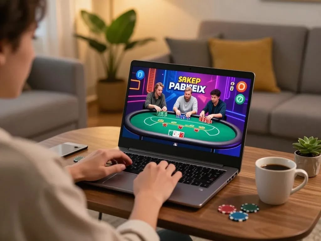 Engaging in a thrilling lucky88 online poker game in a cozy home setting with vibrant graphics.