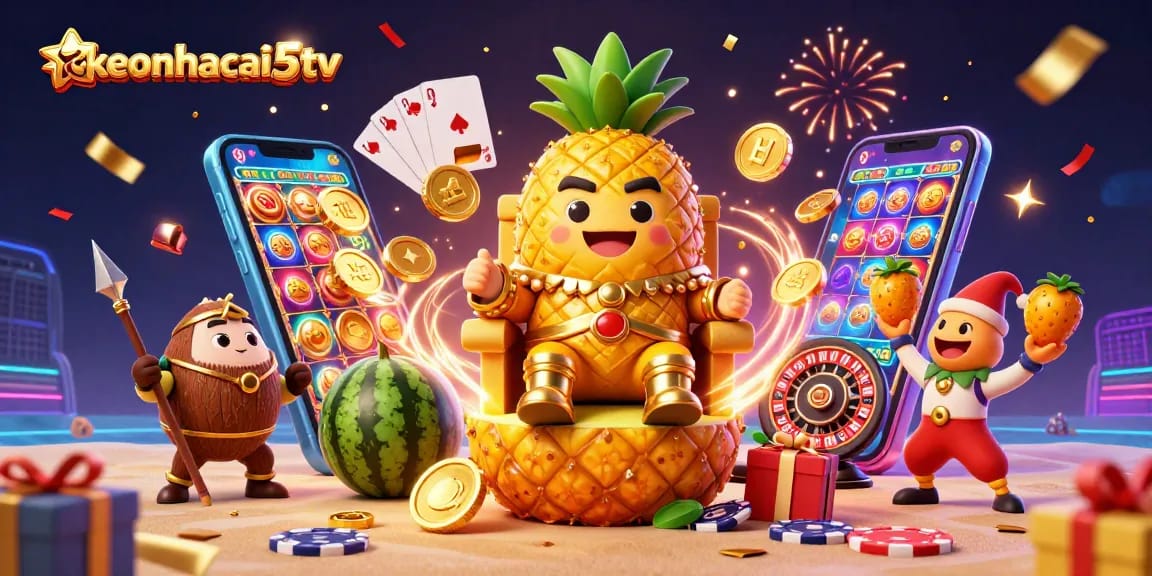 Experience the excitement of keonhacai5tv, where golden pineapple royalty oversees vibrant casino action.