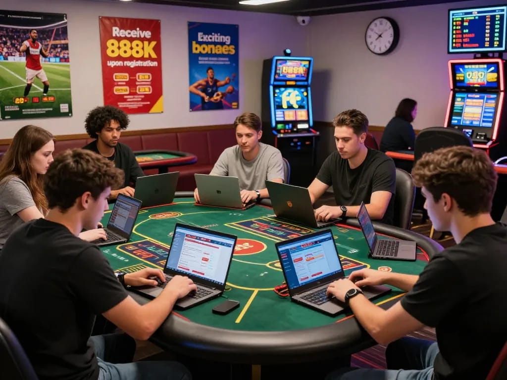 The lively FB88 online gambling scene shows players enjoying sports betting and casino games, highlighting exciting promotions and a modern aesthetic.