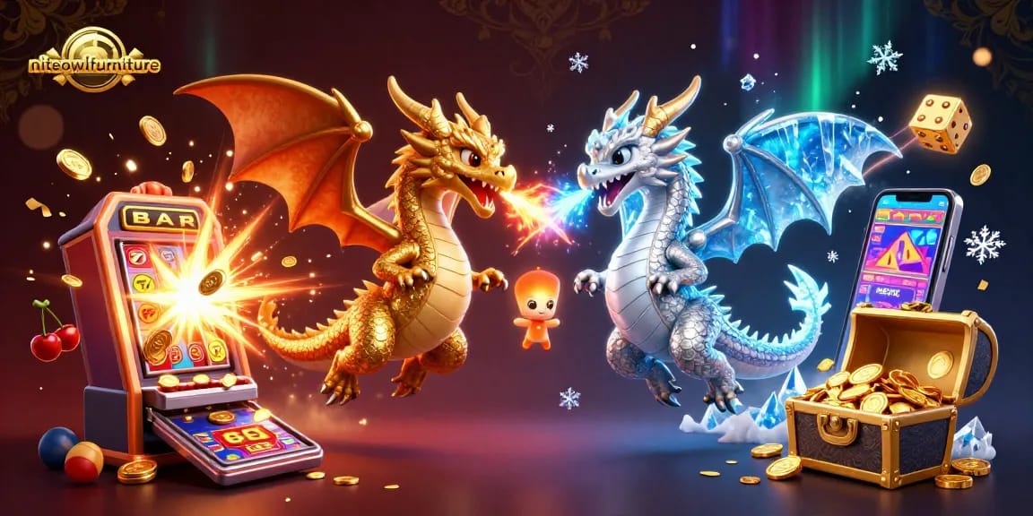 Niteowlfurniture features twin dragons battling while a slot machine bursts coins in a rich casino atmosphere.