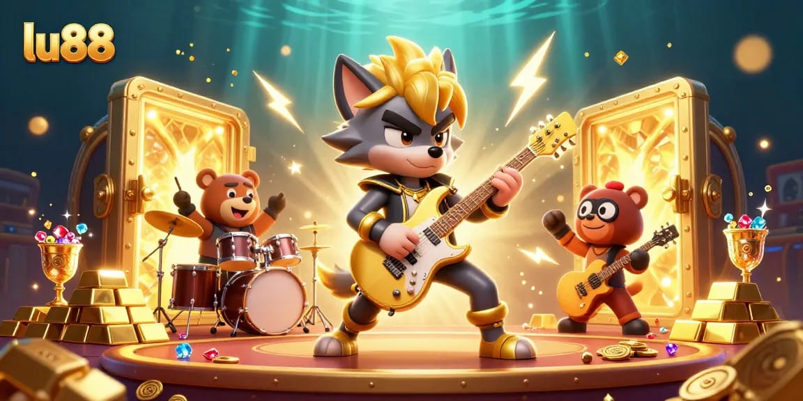 Experience excitement at lu88 with electrifying casino illustrations featuring gold treasures and rock star characters.