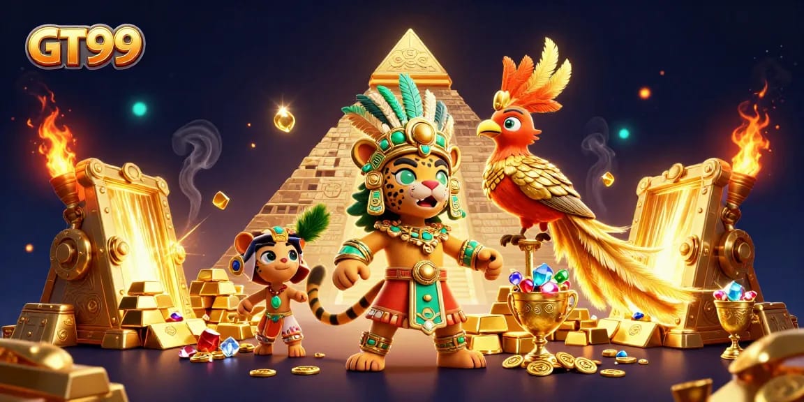 Spin to win at GT99 with dazzling casino treasures and a dynamic Mayan priest scene.