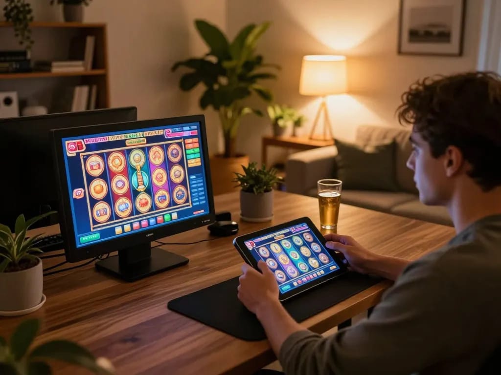 Interagir avec un casino fiable sans KYC sur une tablette dans un cadre de maison élégant