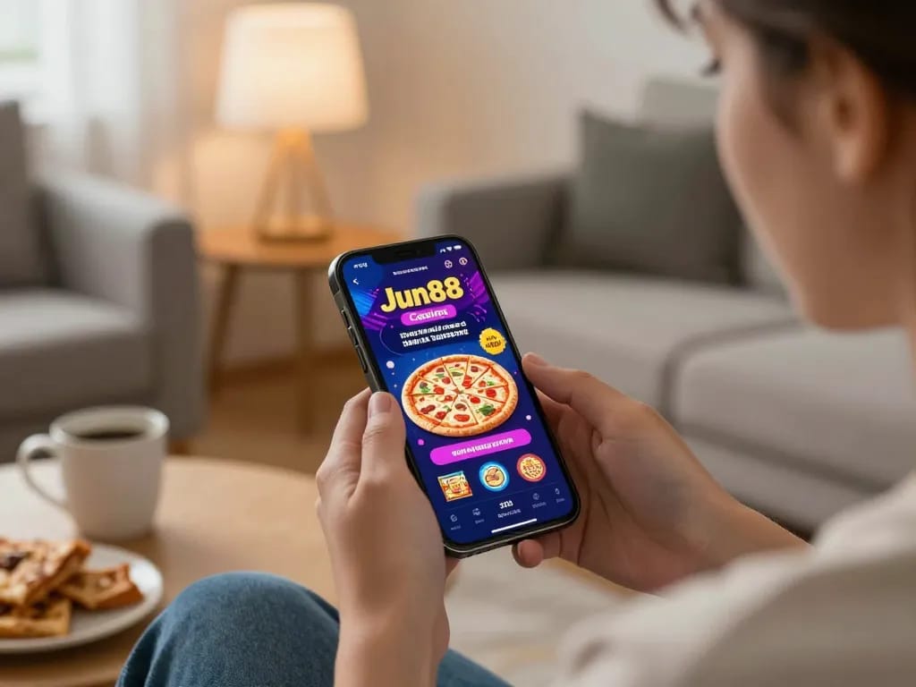 Engaging user plays on Jun88 Pizza casino app in a cozy home environment