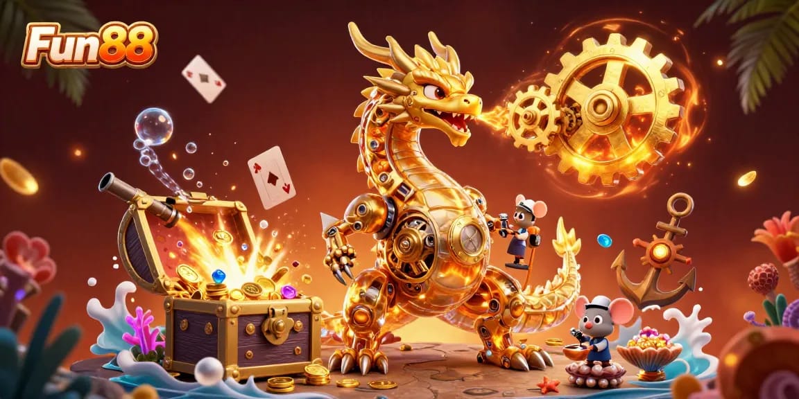 Experience excitement at Fun88 with a thrilling 3D dragon illustration amidst striking casino elements.