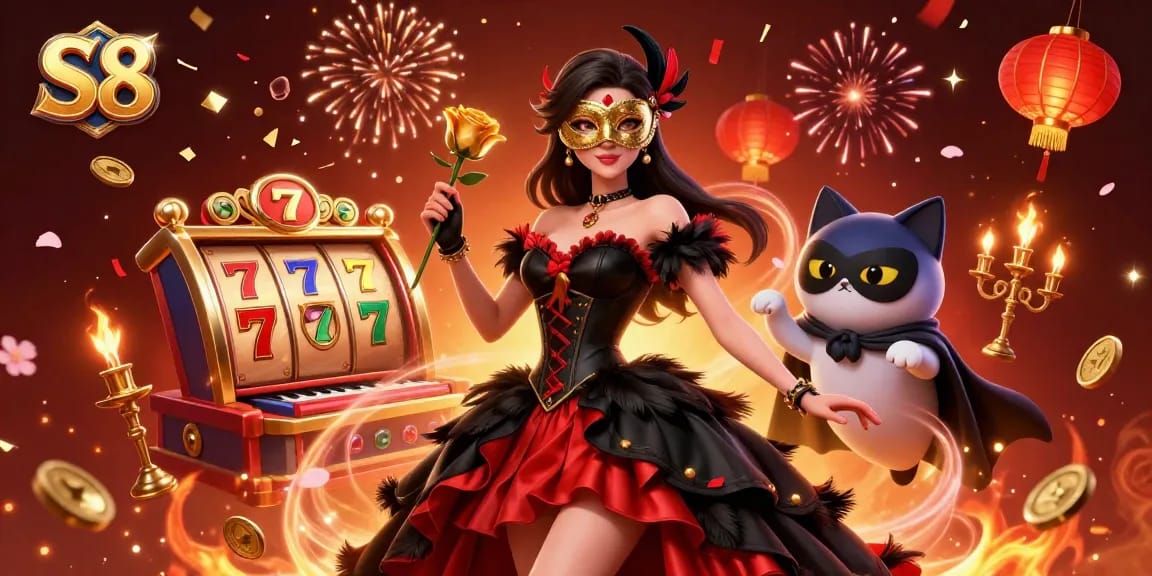 S8 spins with excitement in this vibrant casino scene featuring a glamorous lady and dazzling slot elements.