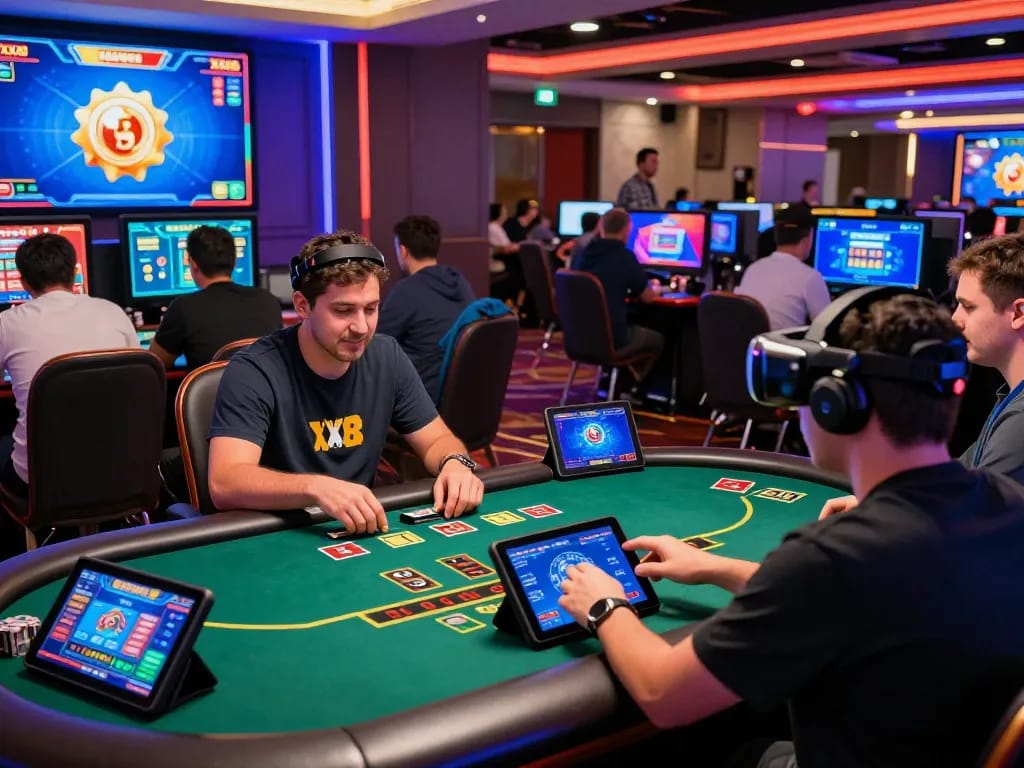 Engaging online gaming scene at XX88, showcasing players enjoying live dealer blackjack in a vibrant casino atmosphere.