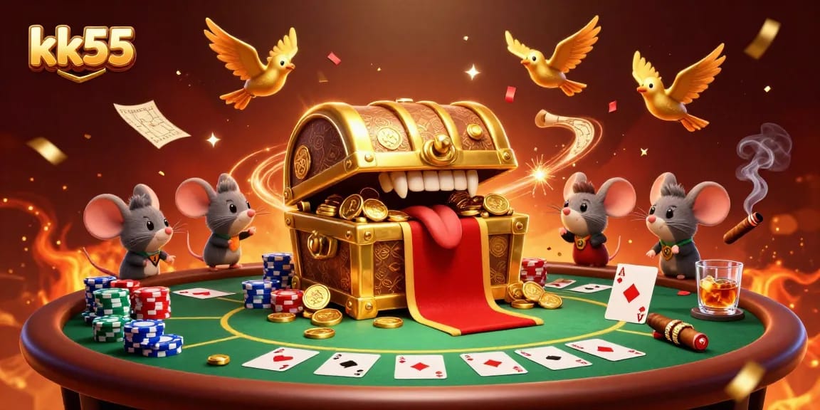 Engage in thrilling poker at kk55 with vibrant casino elements and energetic characters.