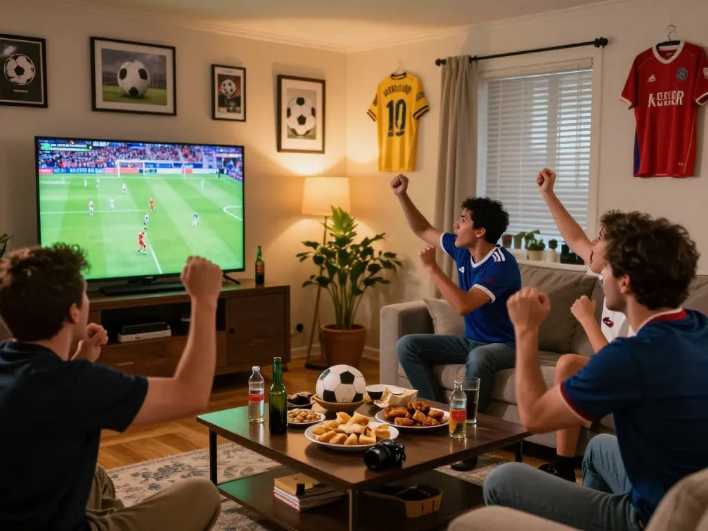Người hâm mộ Lương Sơn TV thưởng thức trận bóng đá đầy năng lượng tại nhà cùng với đồ ăn nhẹ và đồ uống.