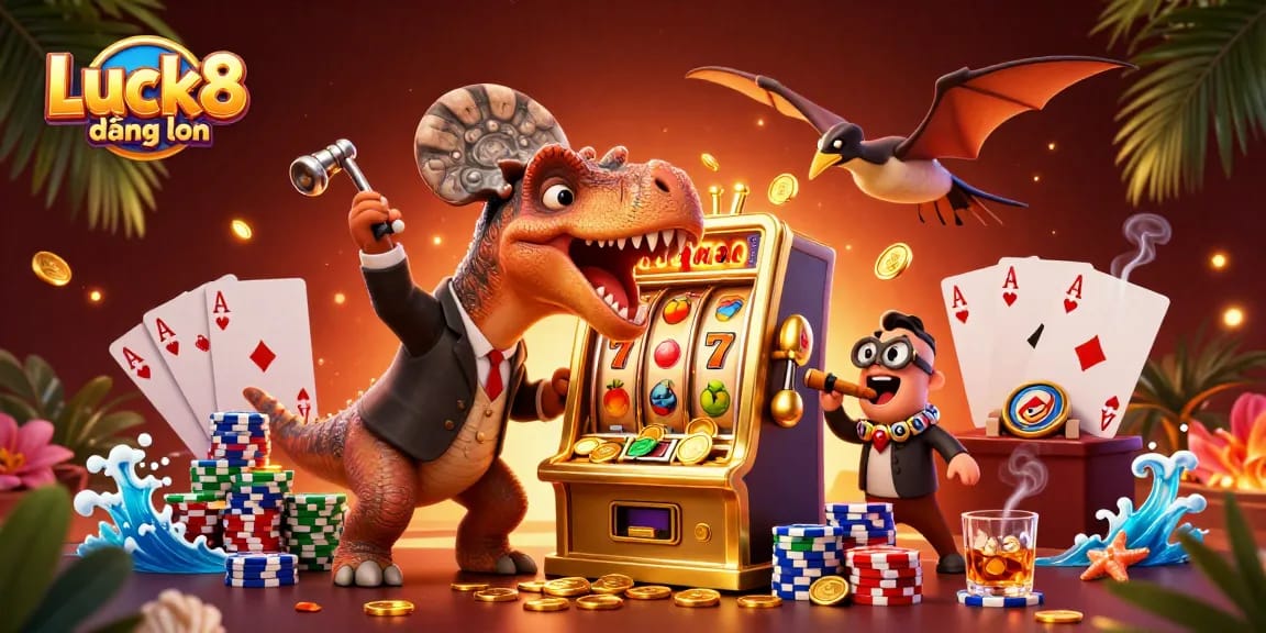 Luck8 đăng nhập scene with dinosaurs at a casino, showcasing vibrant slot machines and poker elements.