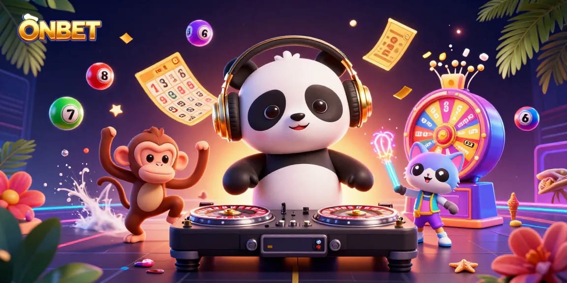Spin and win with ONBET featuring a DJ panda on roulette wheels illuminated by vibrant lottery balls.