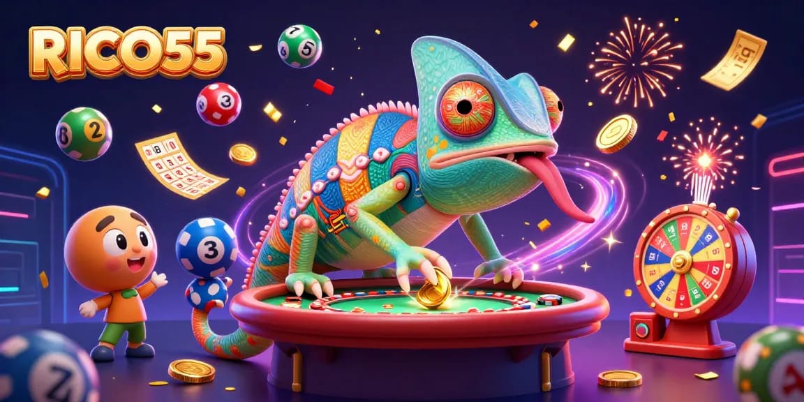 RICO55 showcases a vibrant chameleon casino owner amid exciting gambling elements like lottery balls and prize wheels.