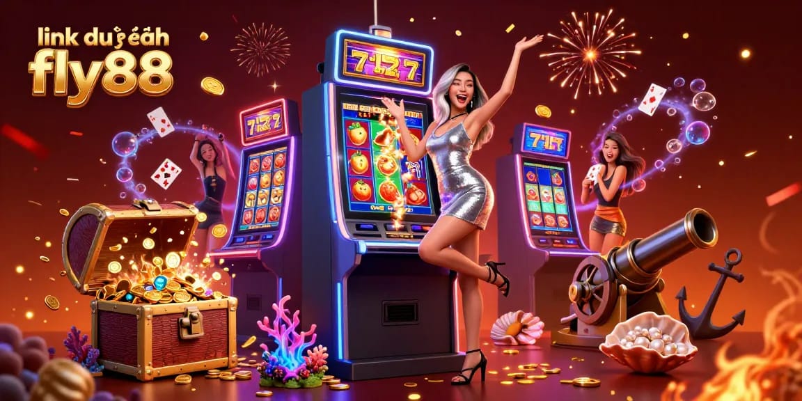 Experience thrilling wins with link dự phòng fly88 illustrated as a joyful Asian woman celebrates beside a jackpot slot machine.