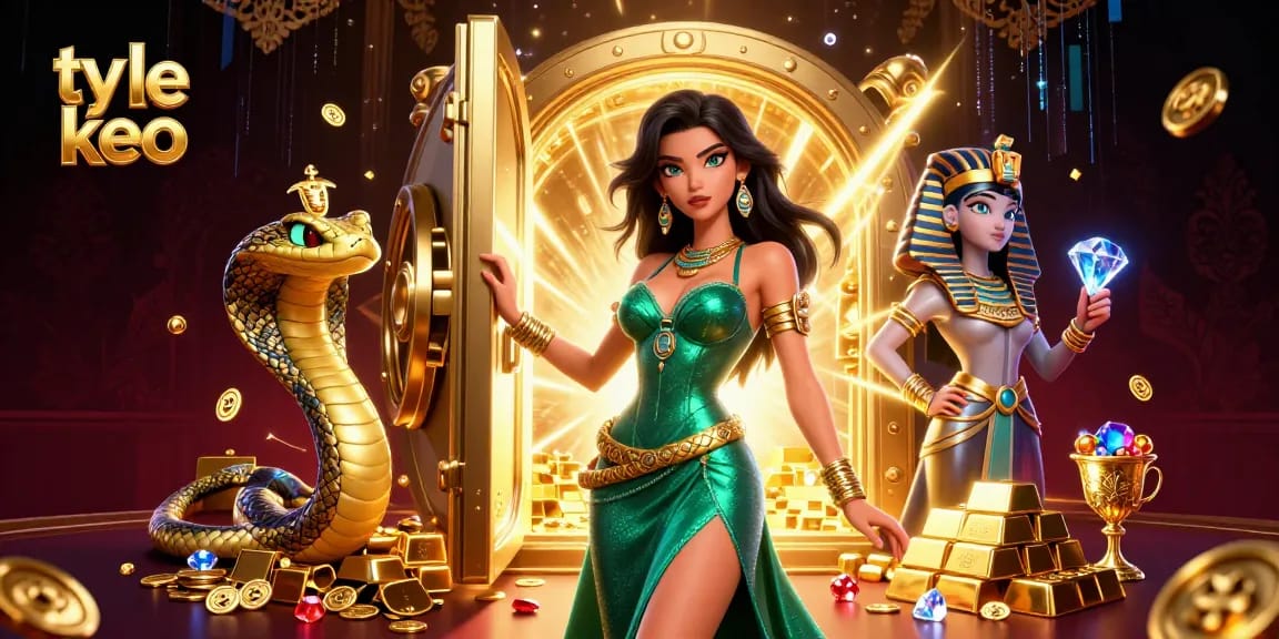 Experience the thrill of ty le keo with a stunning casino scene, featuring a glamorous woman and golden cobra amid shimmering treasures.