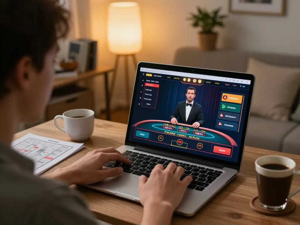Engaging in real-time j188 online casino gaming with live dealer on laptop in a cozy setting.