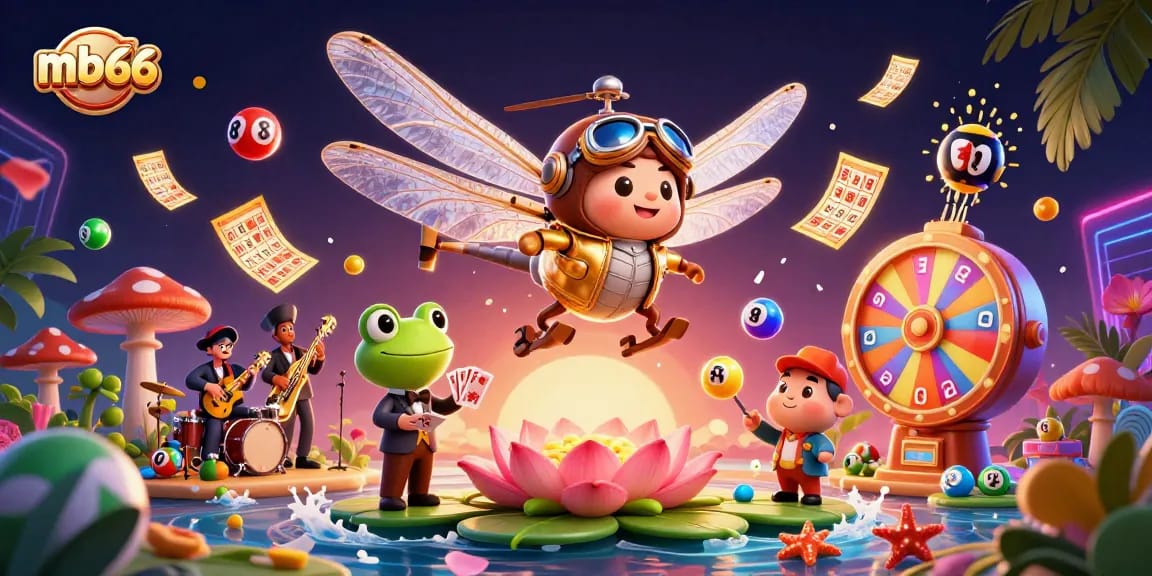 Experience thrilling gameplay at mb66, featuring a vibrant lily pad casino scene with unique characters and game elements.