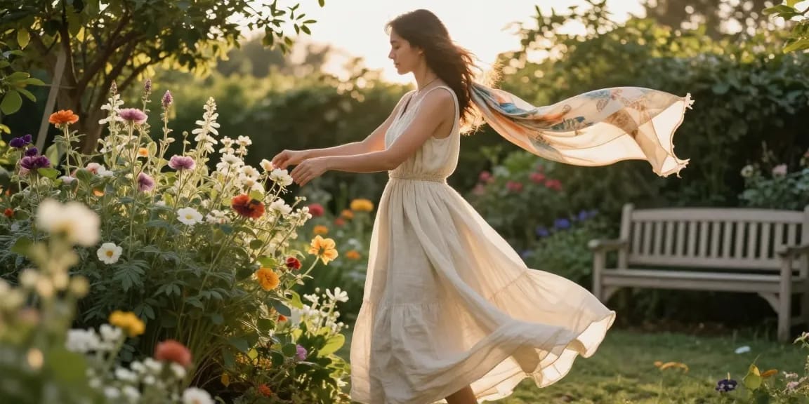 Graceful woman in a handmade dress twirling in a garden, showcasing sustainable fashion.