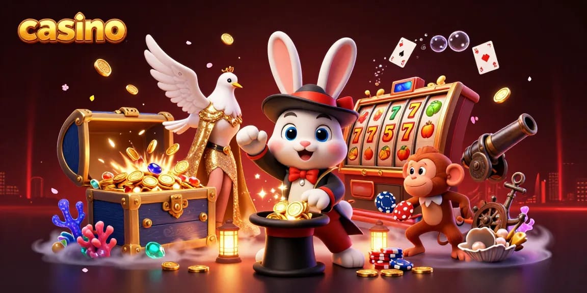 Casino-themed illustration with a magician rabbit, dove, and monkey among slot reels and treasures.