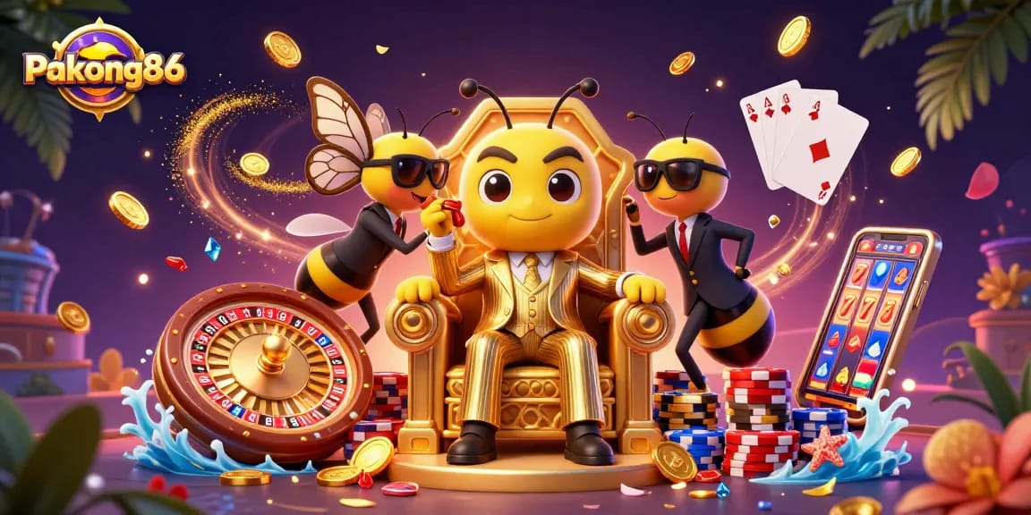 pakong86 spins the reels and wins big in a vibrant casino scene with animated characters.
