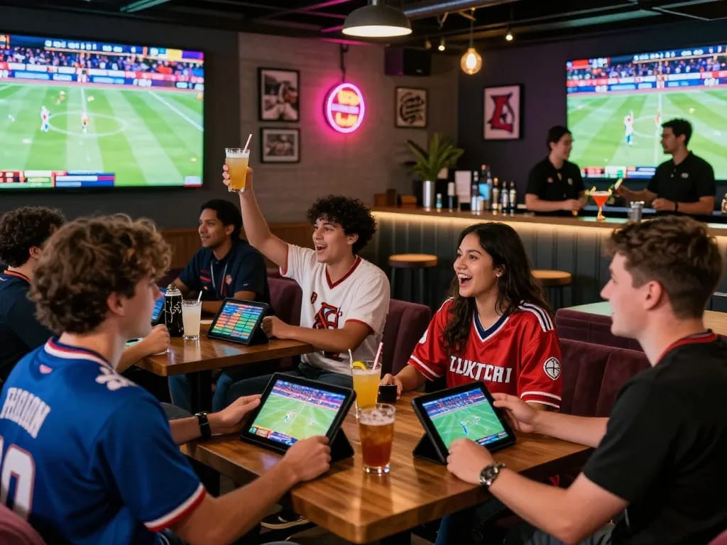 Excited friends enjoying Topbet sports betting in a vibrant lounge.