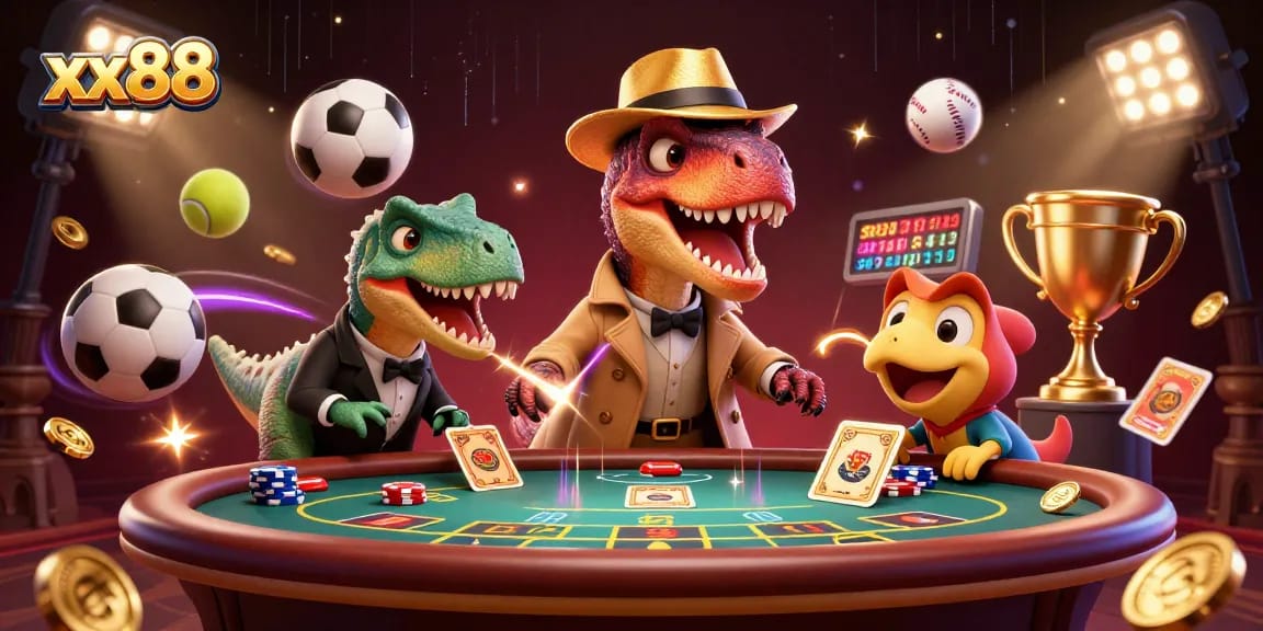 xx88 velociraptor gambler and stegosaurus pit boss in a vibrant casino scene