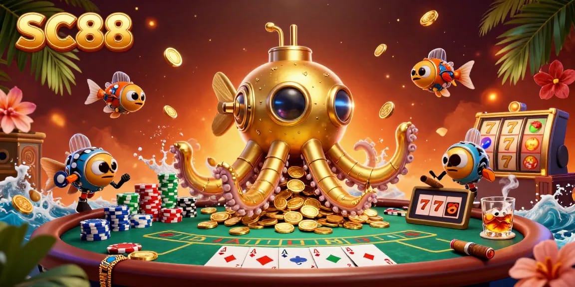 Join the SC88 adventure with vibrant casino elements, featuring golden kraken and poker action.