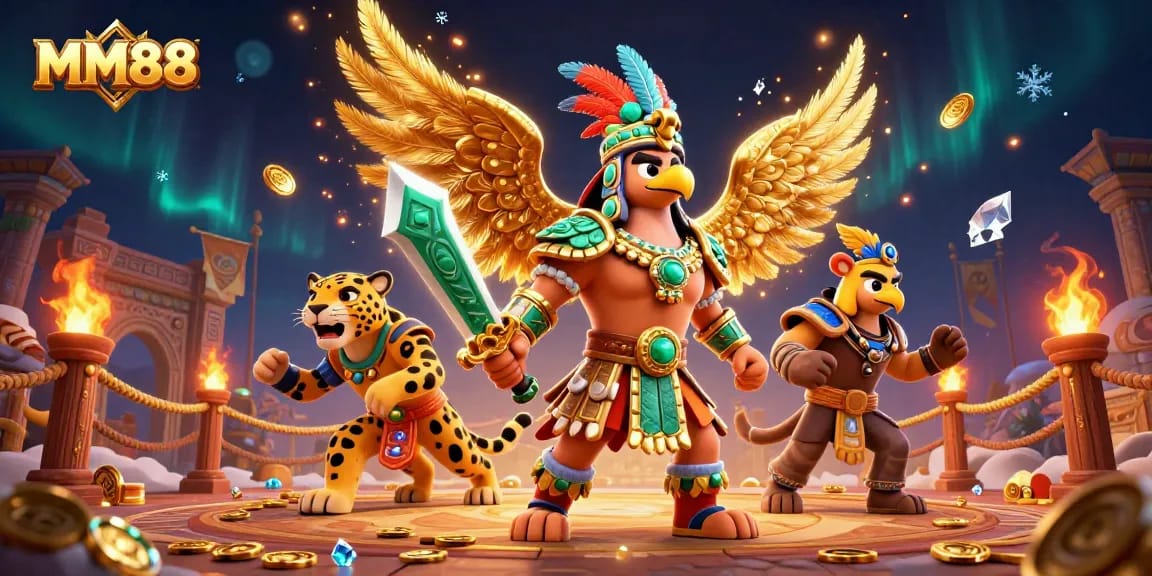Experience thrilling gameplay at MM88 with an Aztec warrior and casino elements in an exciting 3D scene.