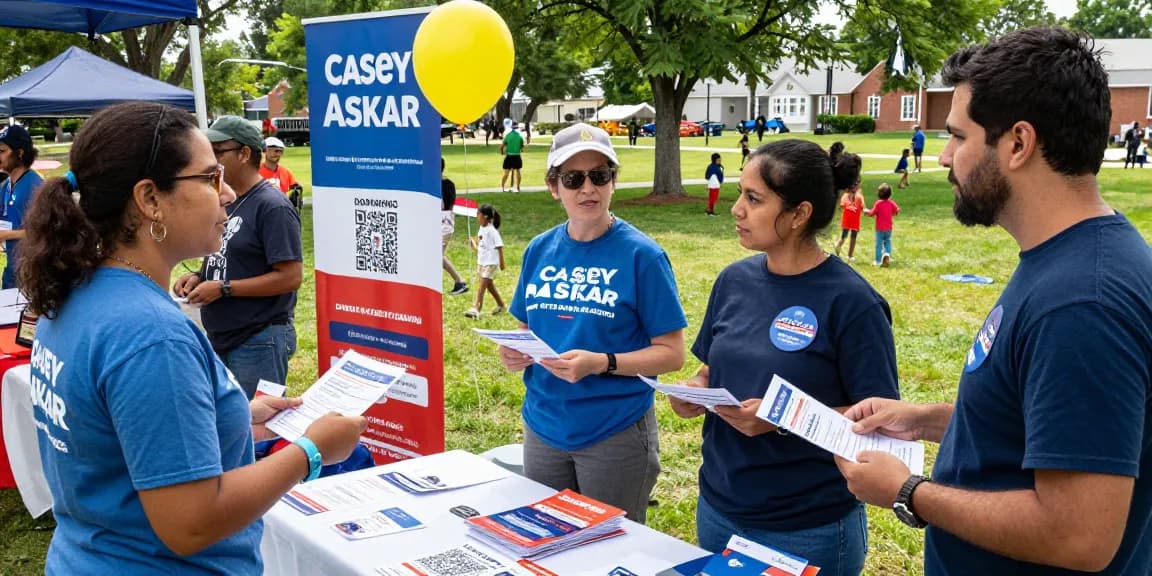 Engaged community members discussing Casey Askar's campaign at a vibrant gathering.