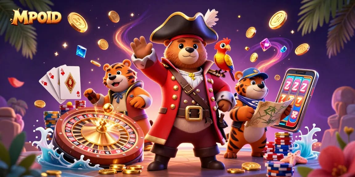 MPOID engages players with vibrant casino adventures featuring a pirate captain and tiger in a dynamic landscape.