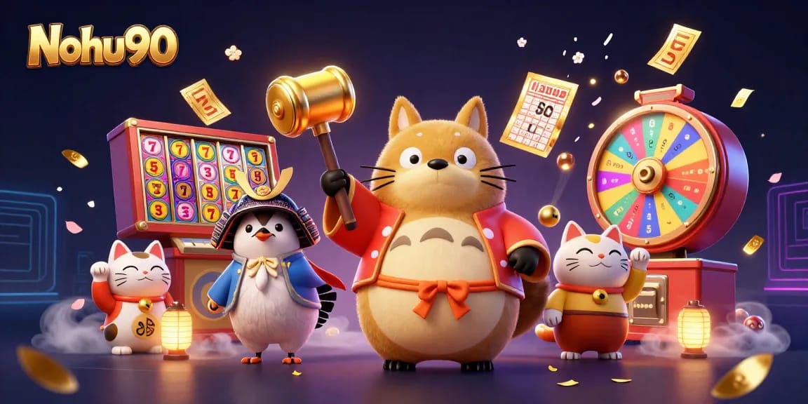 Nohu90 players immerse in the vibrant slot jackpot experience with cheerful characters and dynamic game elements.