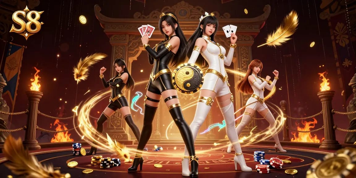 Bet on exciting games with S8 casino’s stunning twin Asian women holding playing cards.