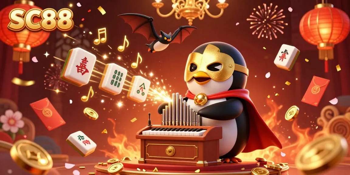 Experience SC88 excitement with vibrant casino-themed 3D illustration of a penguin playing a gold-shooting organ.