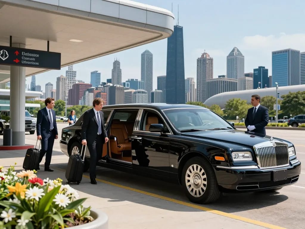 Joliet IL limousine service featuring elegant vehicle and professional chauffeur at O'Hare airport
