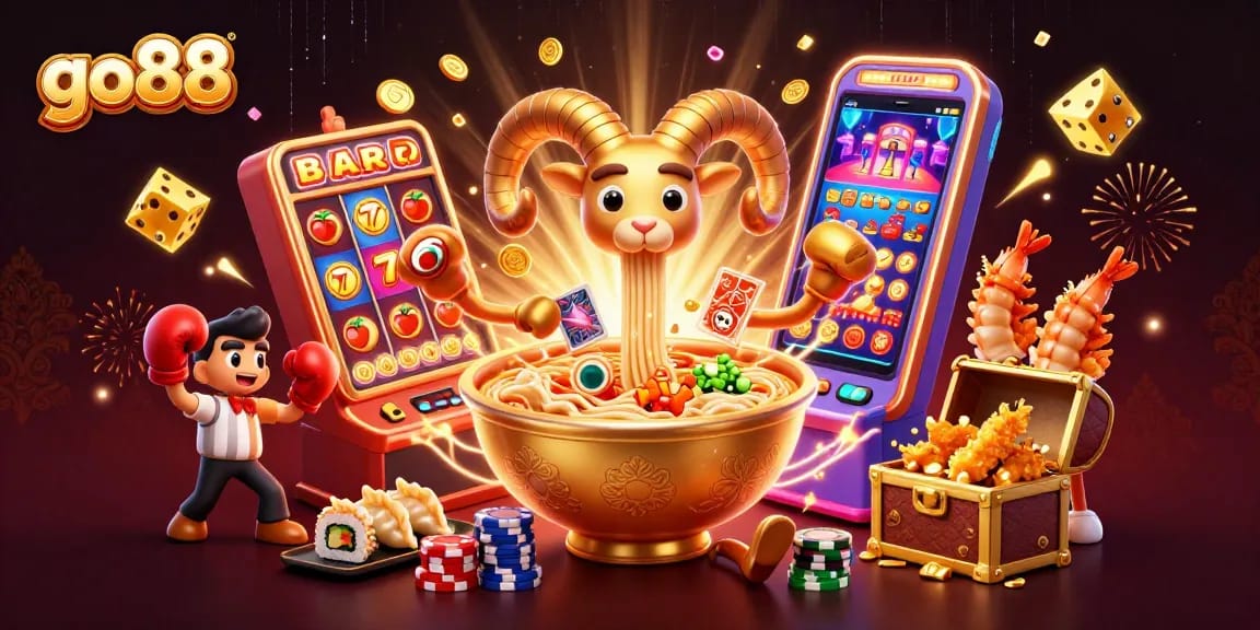 Experience go88 with a vibrant 3D illustration of a ramen bowl dealer at a lively casino scene.