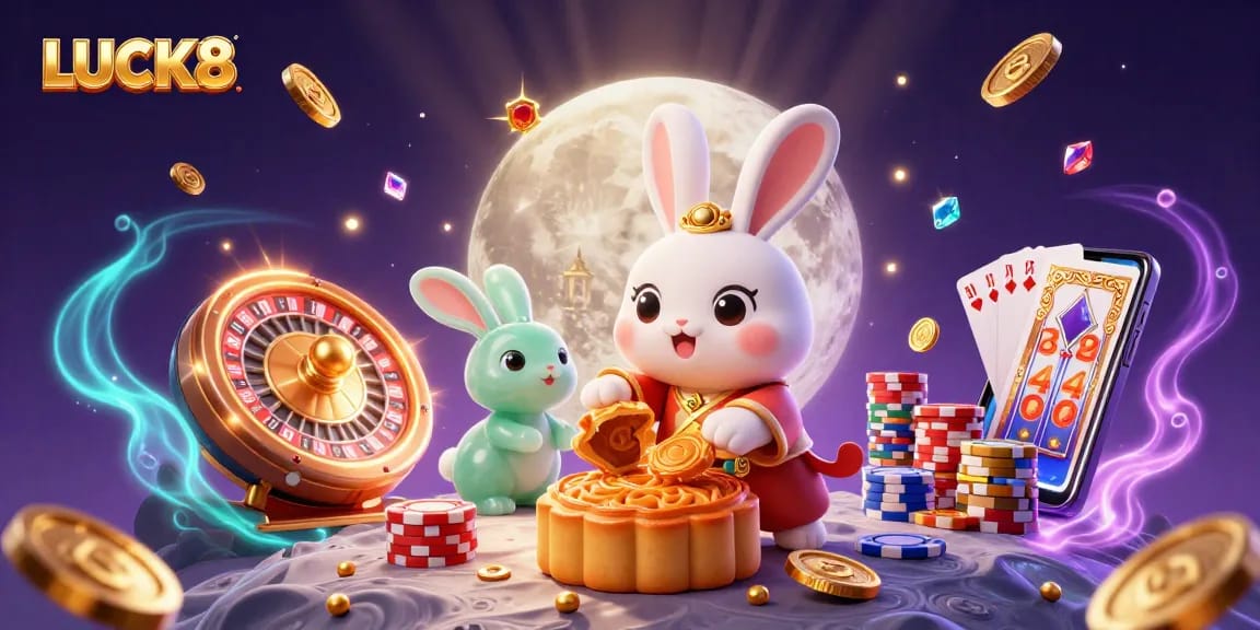 LUCK8 offers an exciting gaming experience with a moon rabbit illustration showcasing vibrant casino elements.