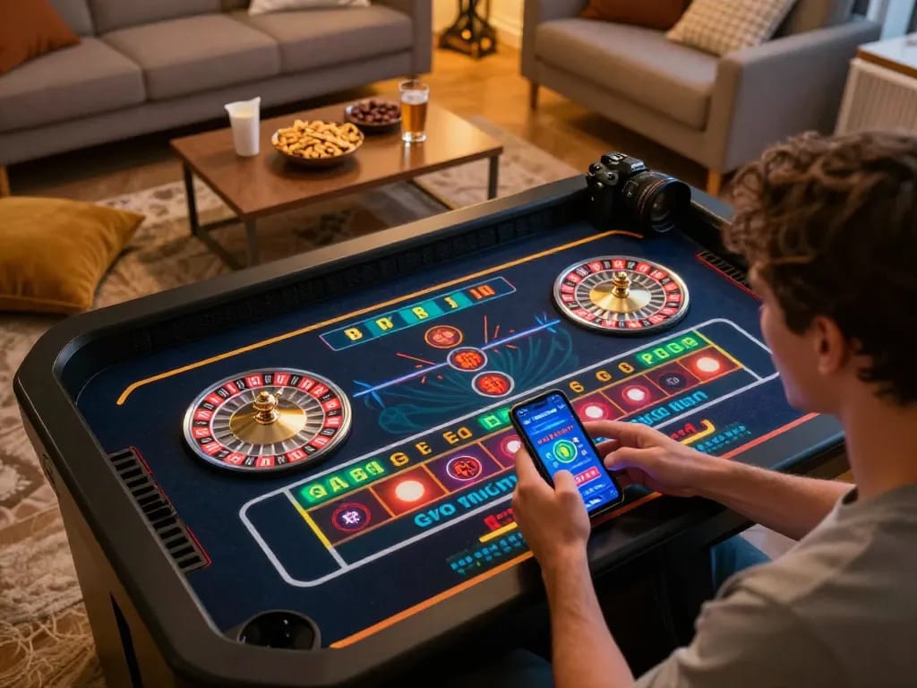 sunwingo player enjoying thrilling roulette action on smartphone in cozy living room