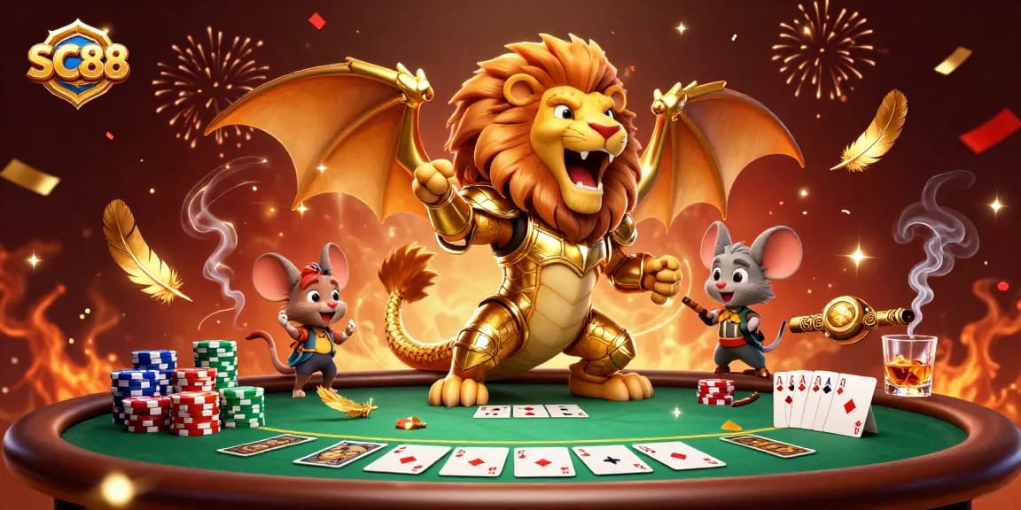 Engage in thrilling poker experiences at SC88 with vibrant casino elements and fantastical characters
