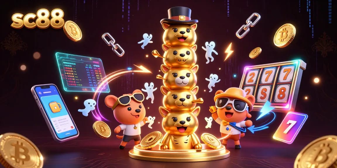 Experience the excitement of sc88 with a vibrant 3D casino scene featuring animated totem poles and casino games.