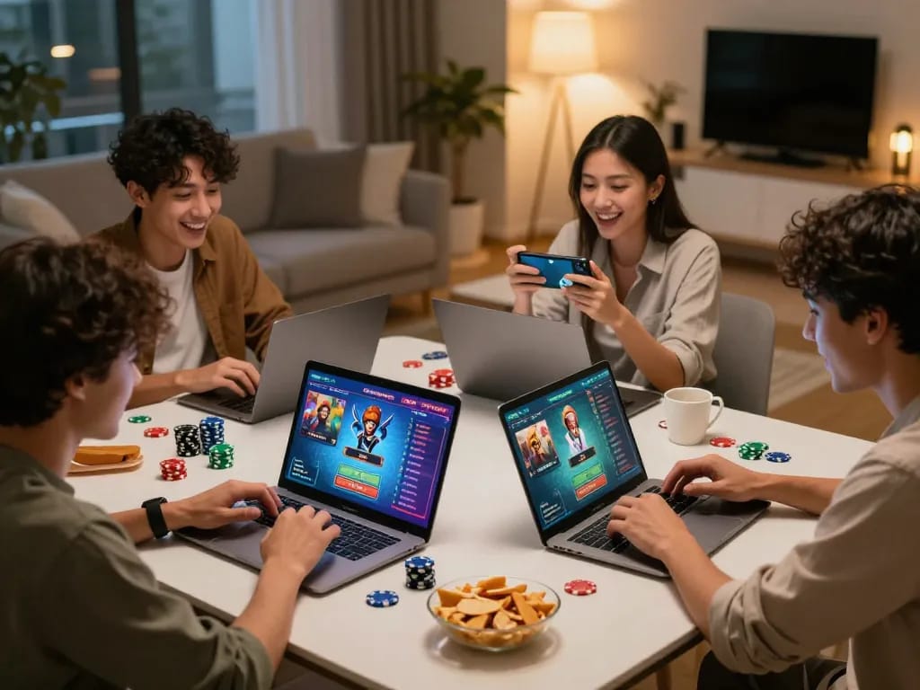 Excited players enjoying online games at 789club in a cozy living room.