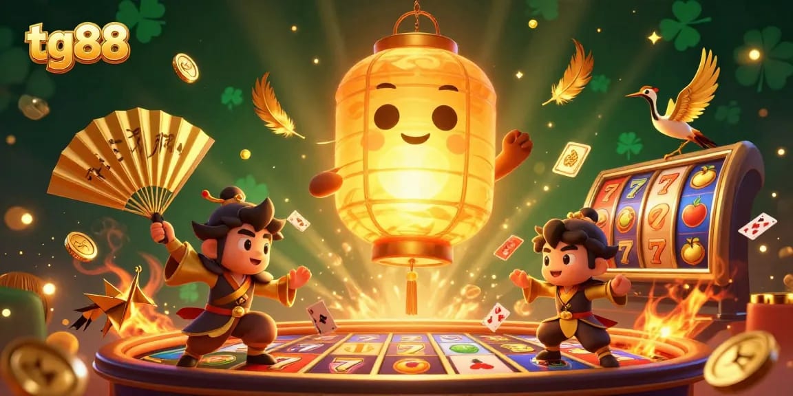 Experience thrilling slots at tg88, featuring vibrant golden lantern spirits and lucky symbols in a casino scene.