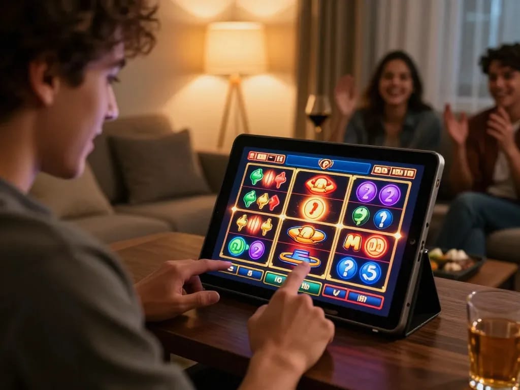 Engaging with Nhà cái MM88 online slot games in a cozy home setting with friends.