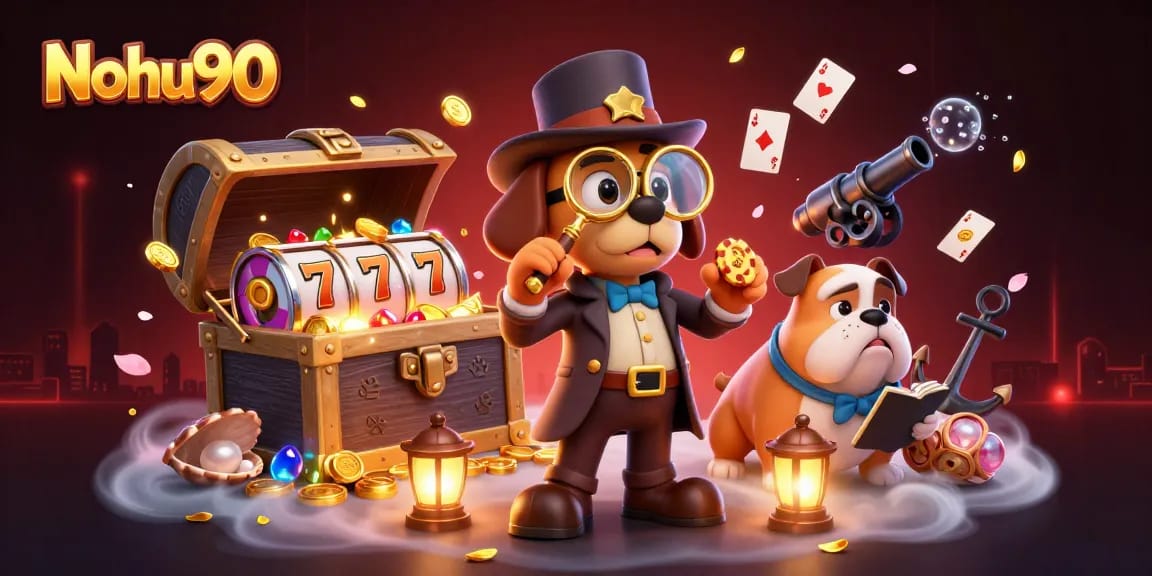 Nohu90's detective duo examines poker chips amidst treasure and slot games in a captivating 3D scene.