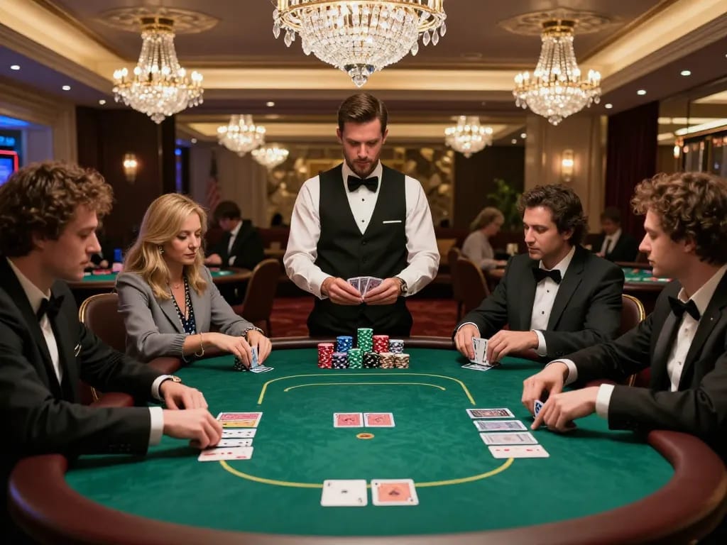Engaging poker scene at nhà cái gg88 casino with players strategizing and betting.