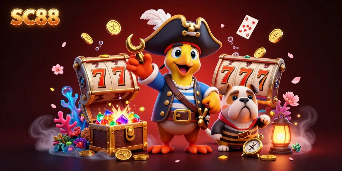 Engage with the vibrant SC88 casino adventure featuring a pirate captain, dog, and cat amidst slot reels and treasures.