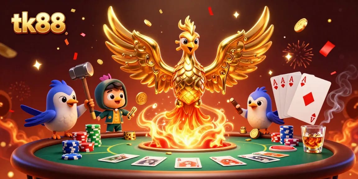 Experience thrilling gameplay at tk88 with a phoenix emerging in a colorful casino scene.