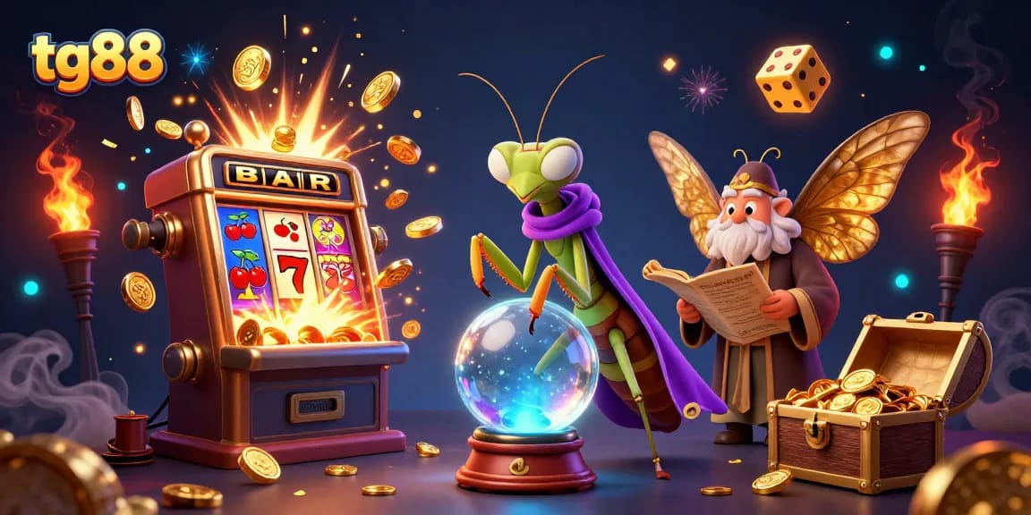 Experience the excitement of tg88 with a dynamic casino illustration featuring thrilling games and fortune tellers.