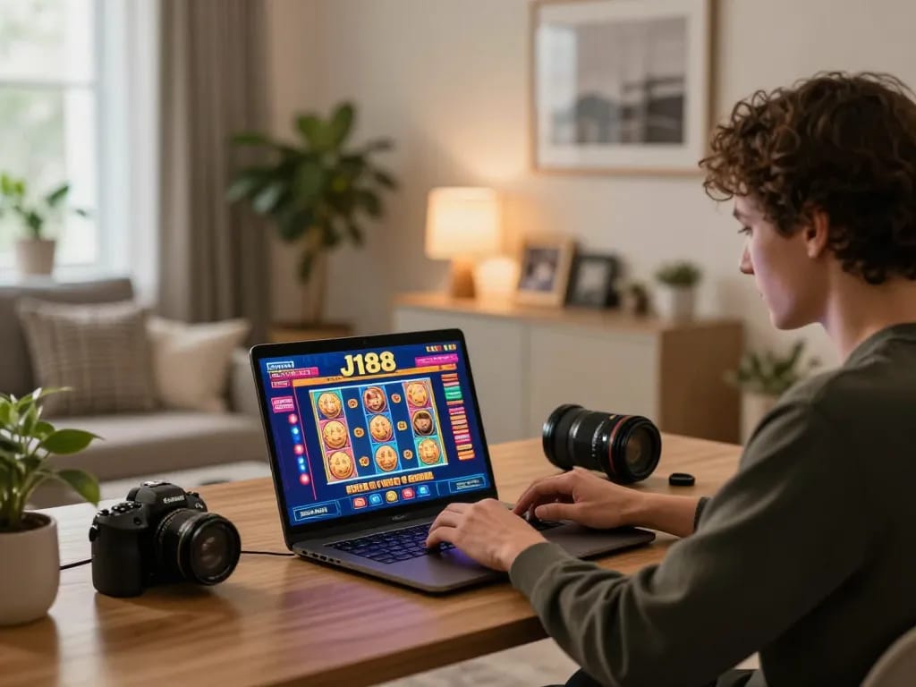 Engaging with J188 online casino games on a laptop in a cozy home setting, capturing strategic gameplay.