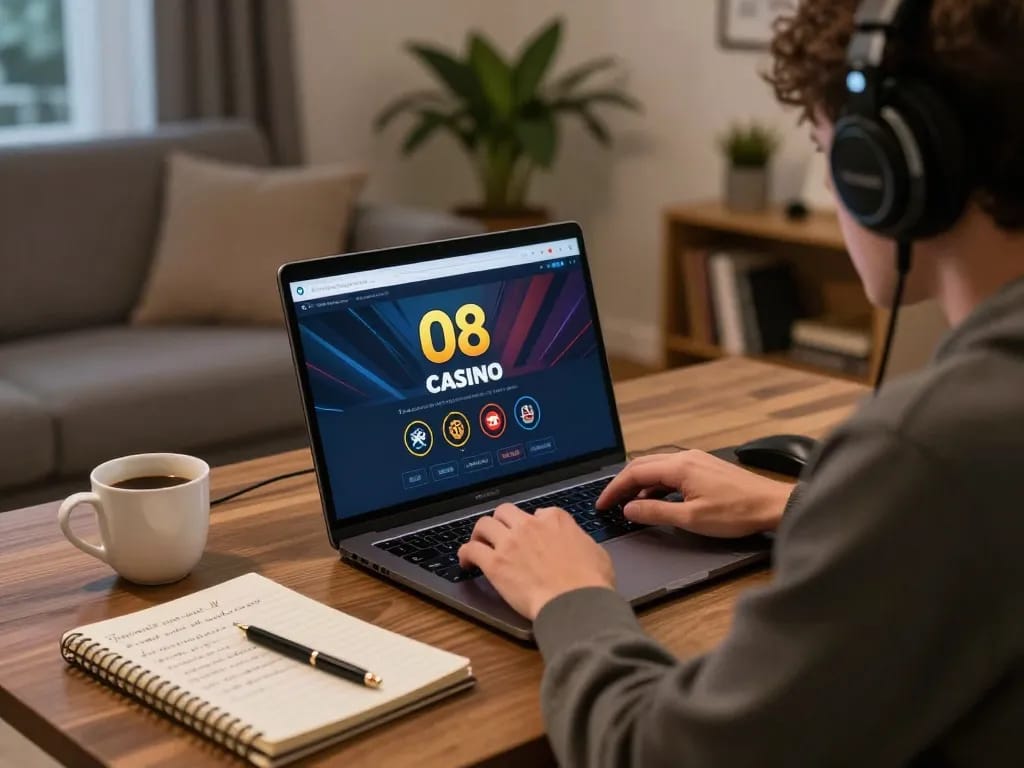 Player engaging intensely with O8 casino on a laptop, showcasing strategic online betting.