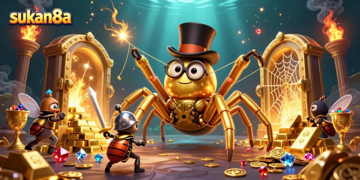Sukan8a showcases a vibrant casino scene with a golden tarantula and beetle knight surrounded by treasure.